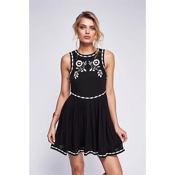 Free People Birds of a Feather Black Floral Embroidered Fit & Flare Mini Dress 4 - Picture 1 of 6